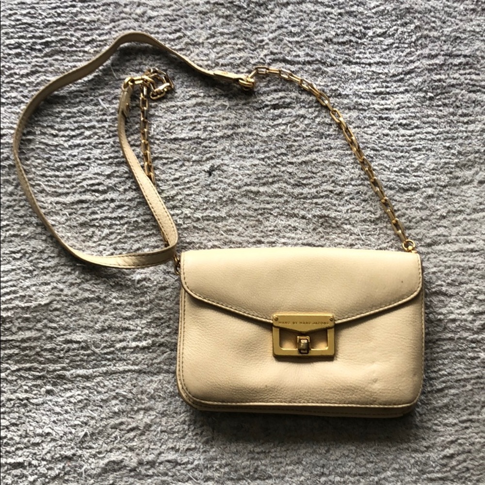 Tan mini crossbody with gold hardware